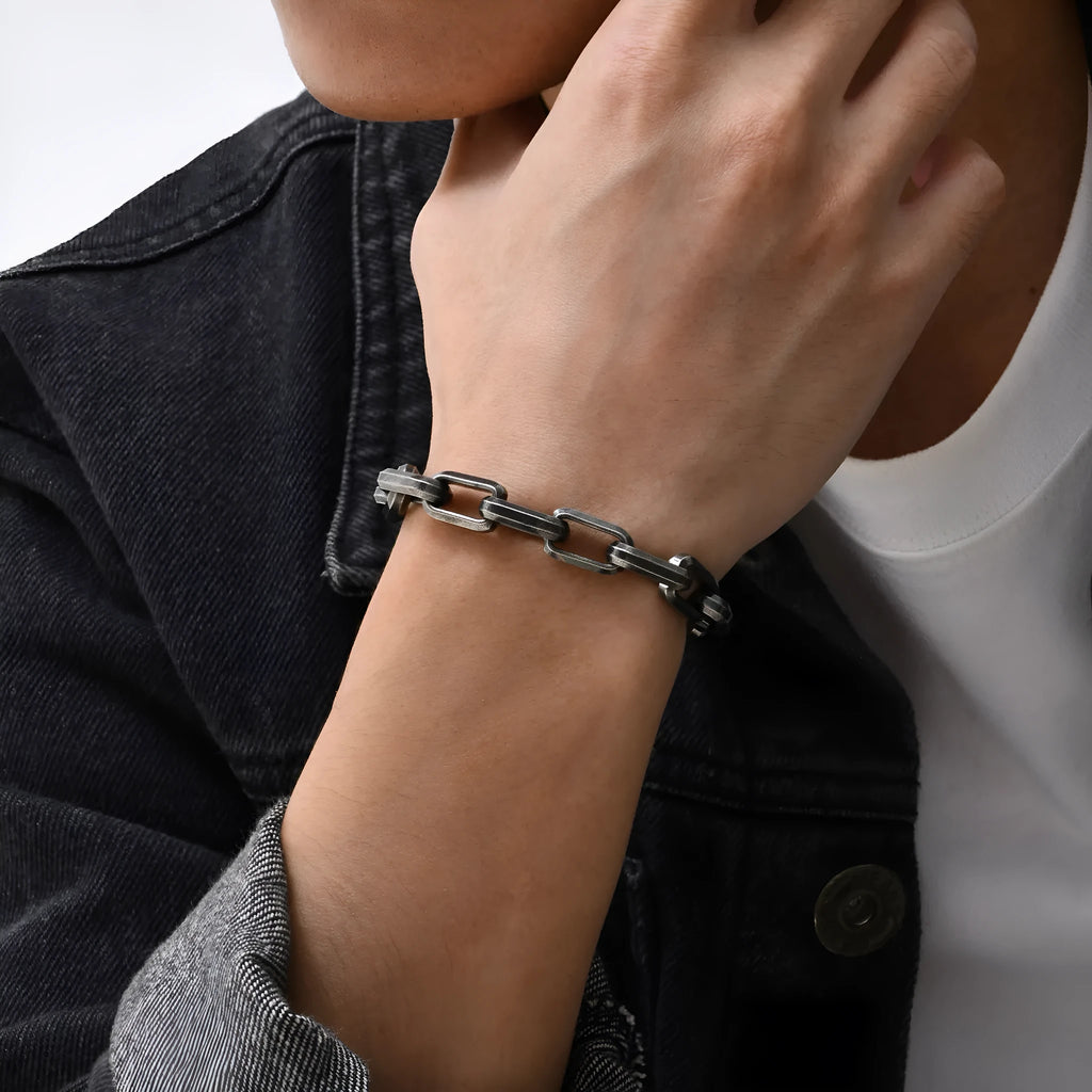 Men's titanium steel square chain bracelet in black, gold, retro, or steel colour.