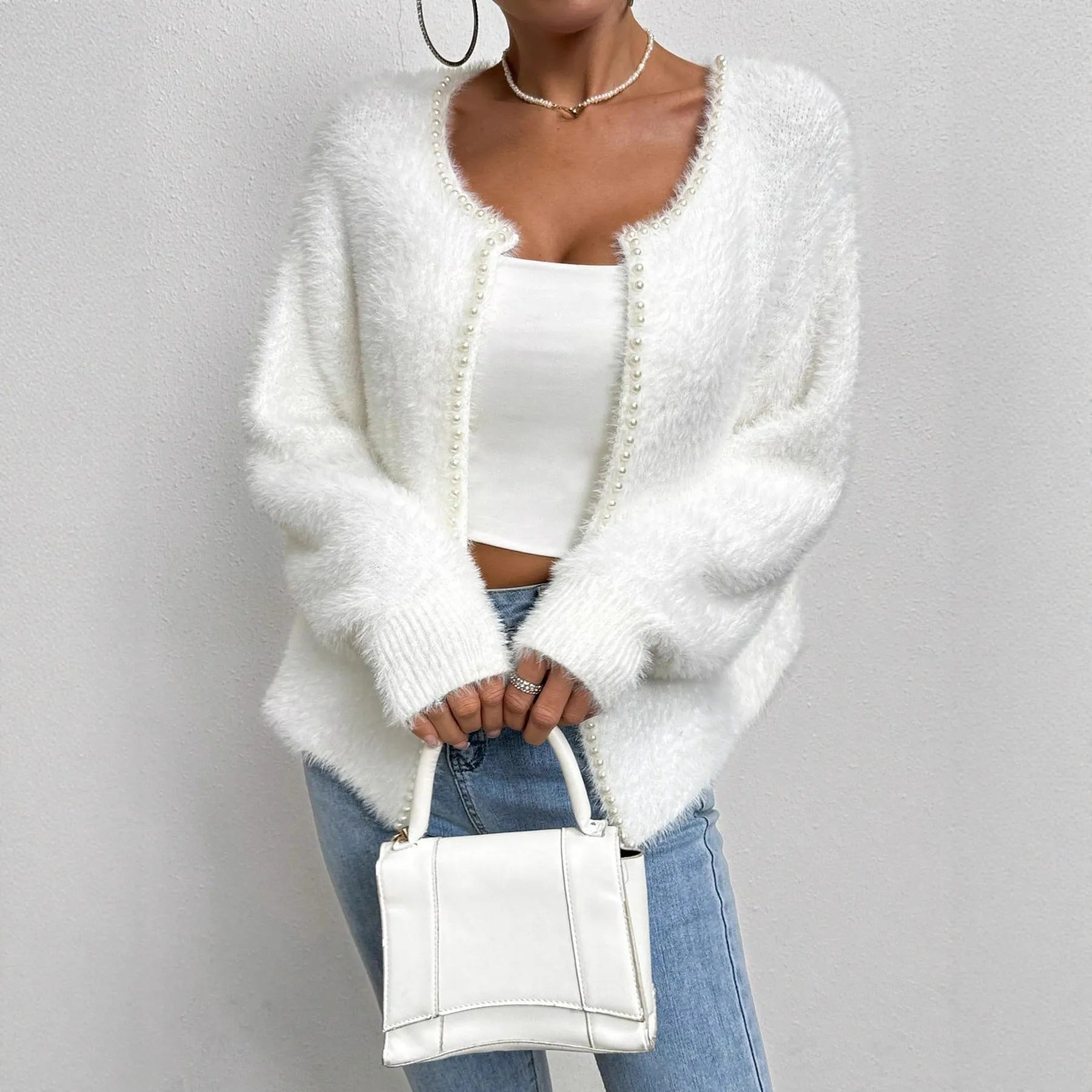 White women's cardigan with V-neck and beaded knit detail, medium thickness polyester fabric
