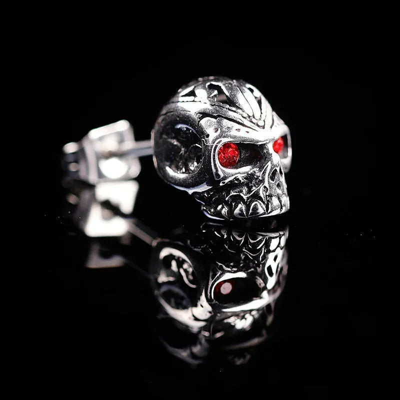 Retro red eye ghost head skull stud earrings with electroplated finish and alloy inlay detailing