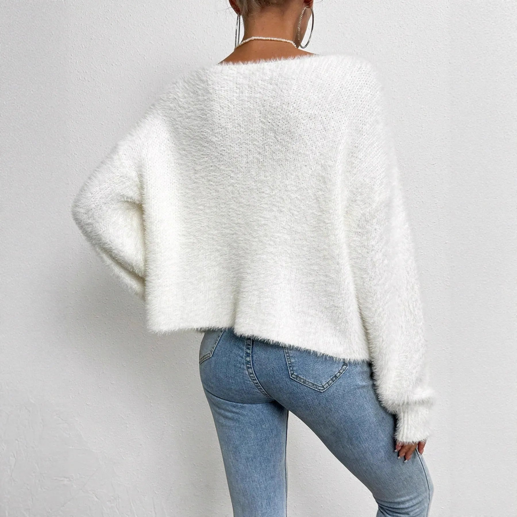 White women's cardigan with V-neck and beaded knit detail, medium thickness polyester fabric