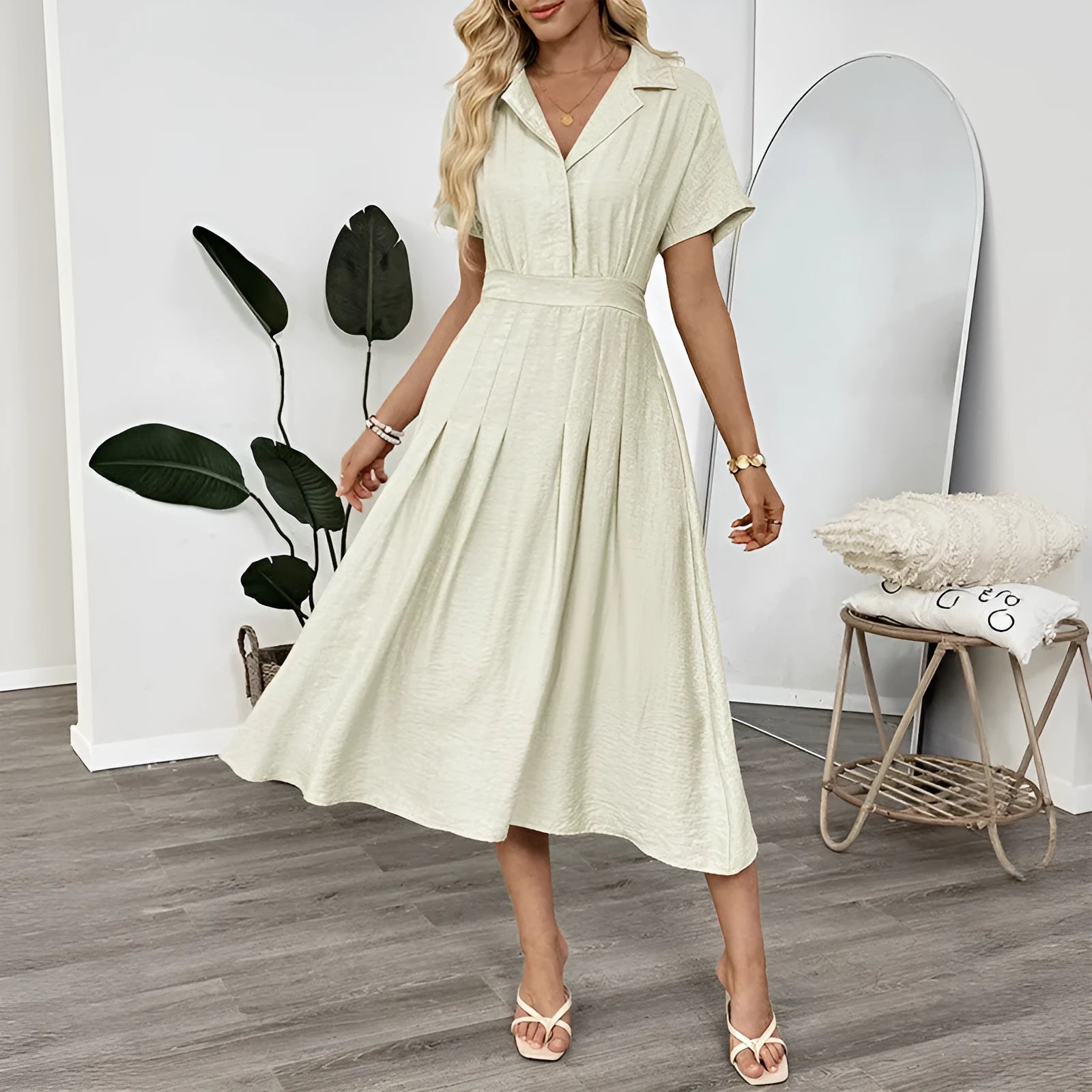 Lapel waist tight pocket shirt dress in light green twill polyester spliced basic style front view