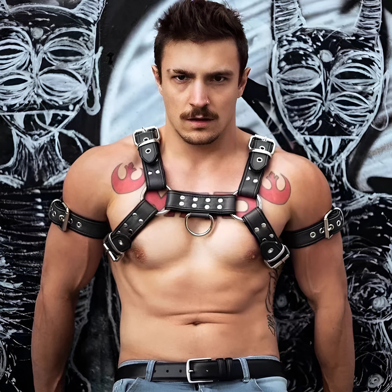 Black leather chest harness strap with metal buckles for men's bondage costume.