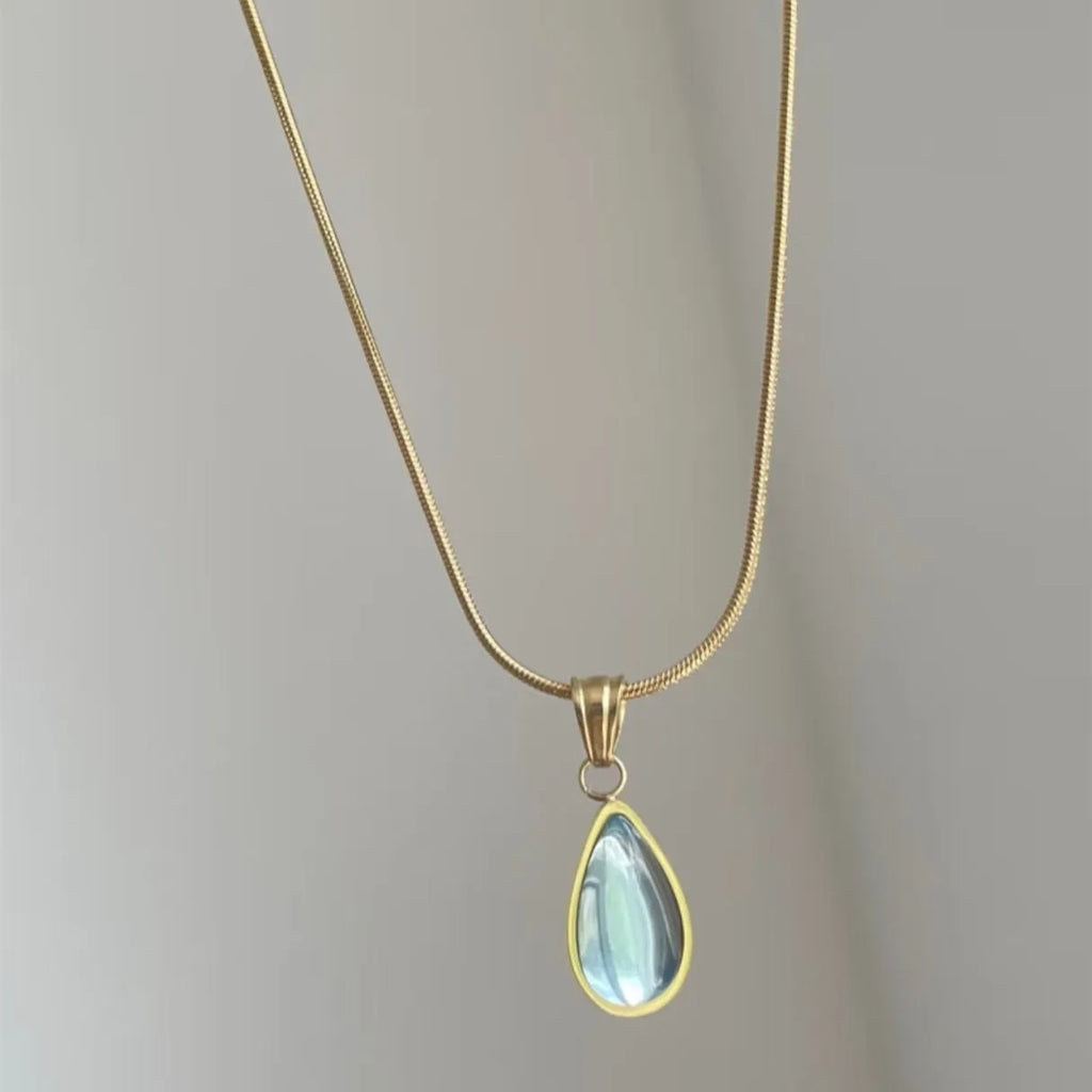 Retro water drop necklace in blue or green on titanium steel snake bones chain for women