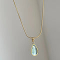 Retro water drop necklace in blue or green on titanium steel snake bones chain for women