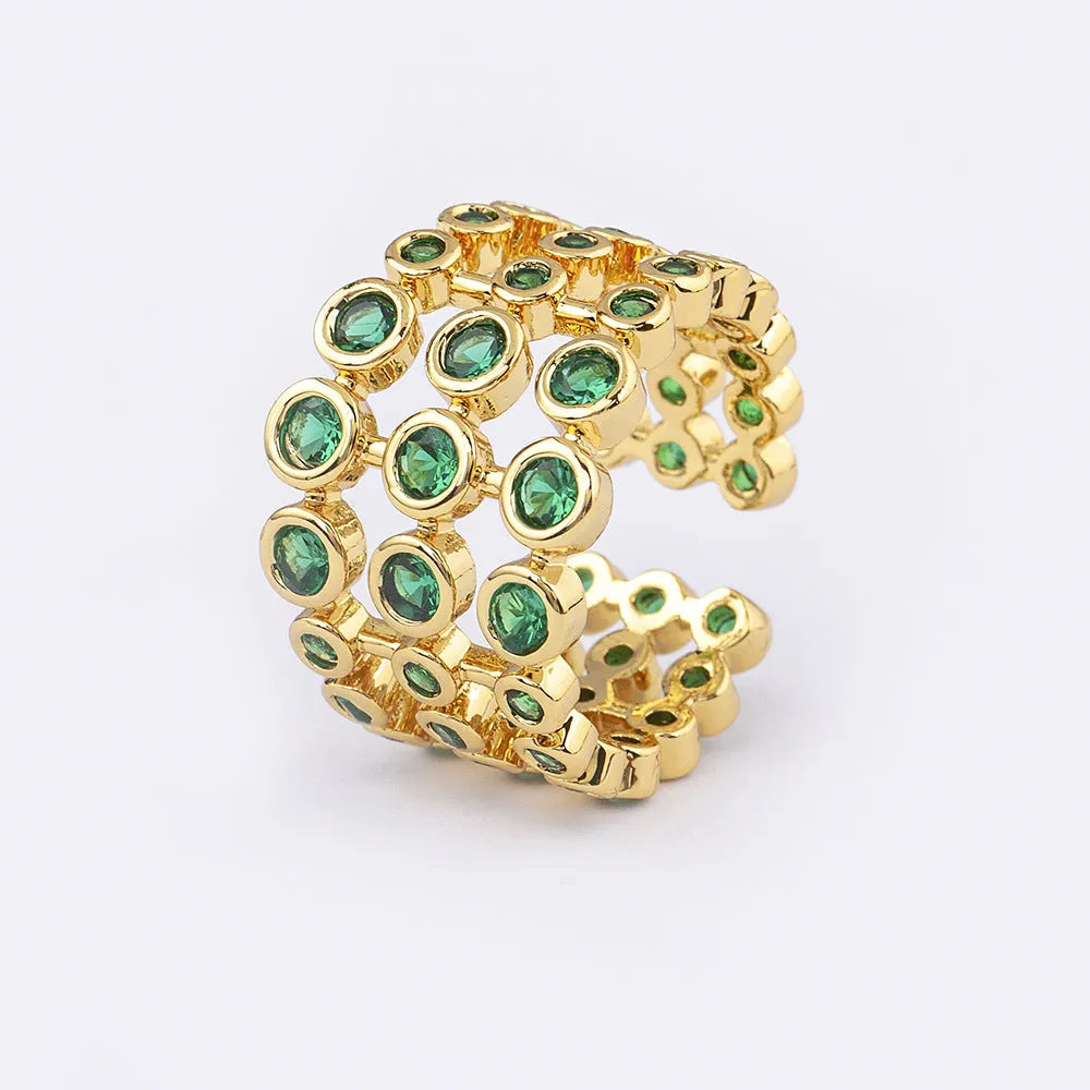 Wide band gold plated copper ring with green zircon stones, unisex jewellery accessory