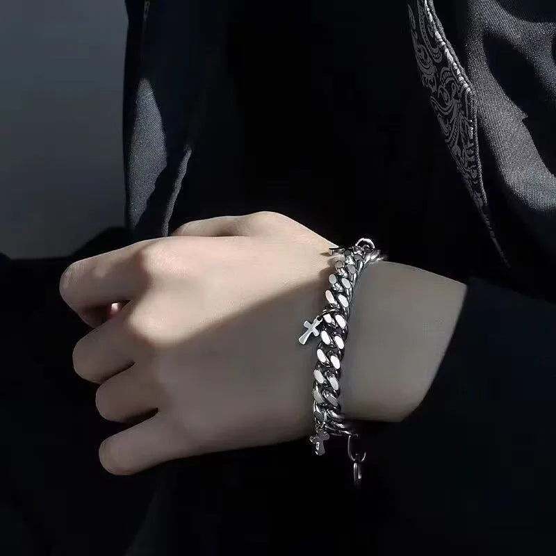 Men's titanium steel cross bracelet with geometric shape in cold wind style