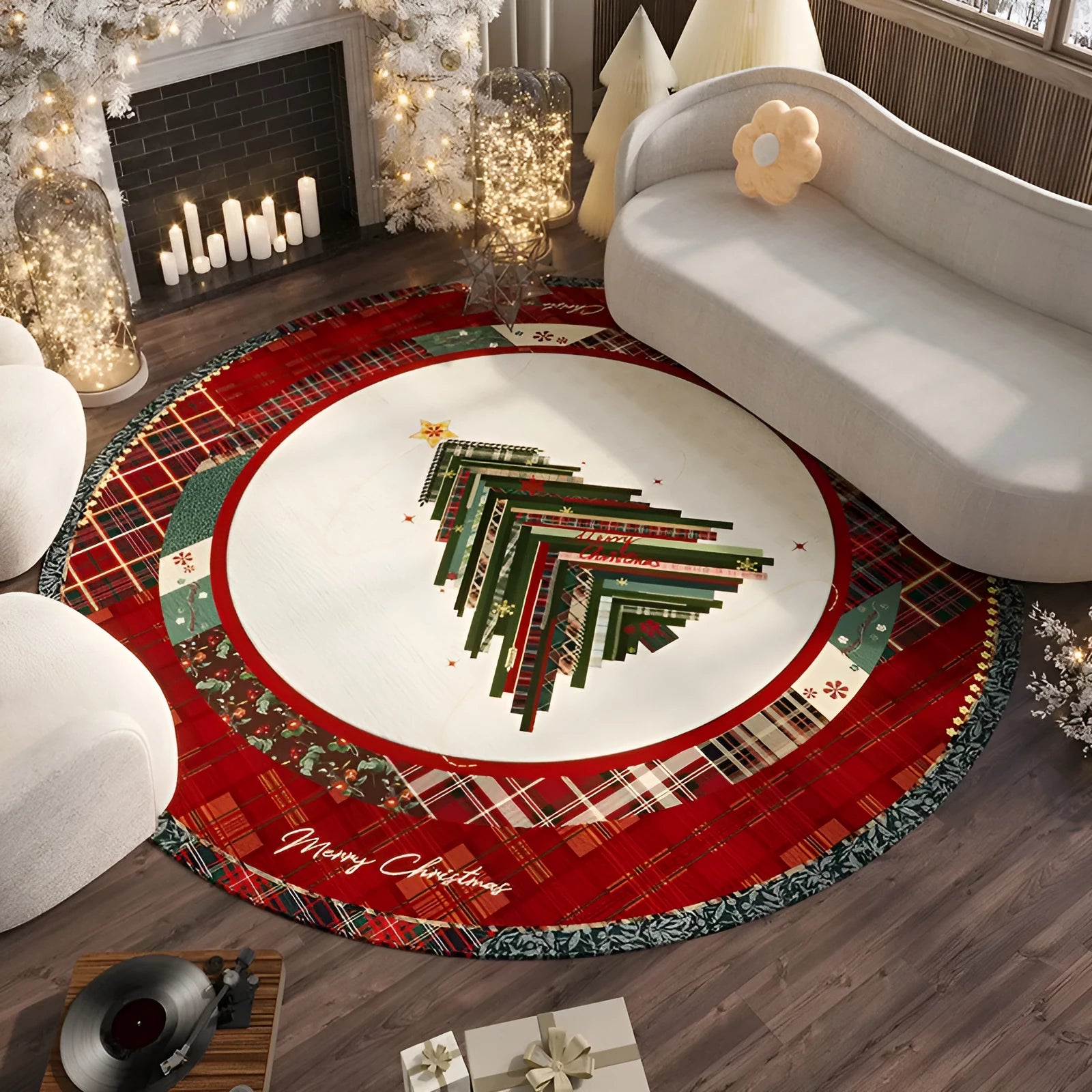 Red Christmas-themed round carpet with festive patterns available in multiple diameters from 60cm to 200cm