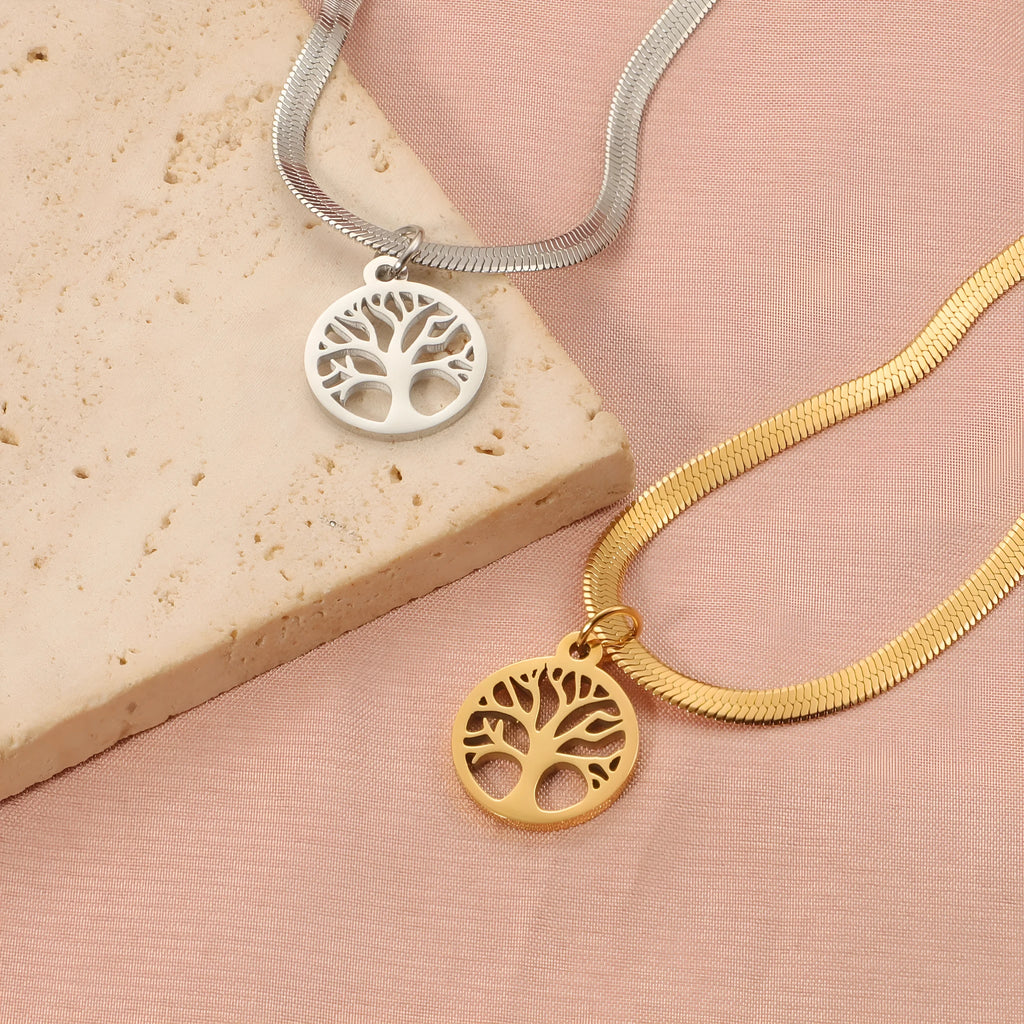 Stainless steel necklace with tree pendant on adjustable snake chain in gold colour