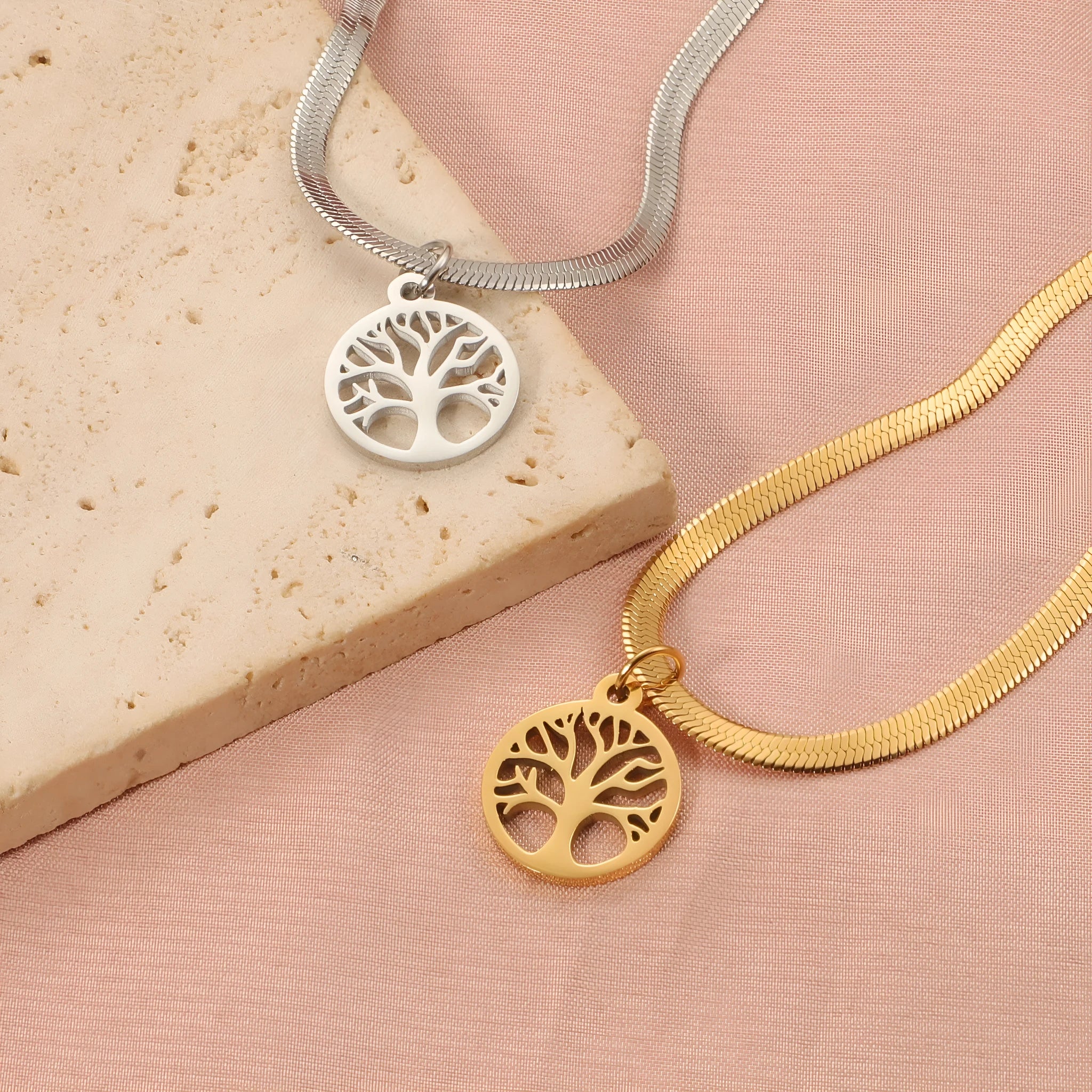Stainless steel necklace with tree pendant on adjustable snake chain in gold colour