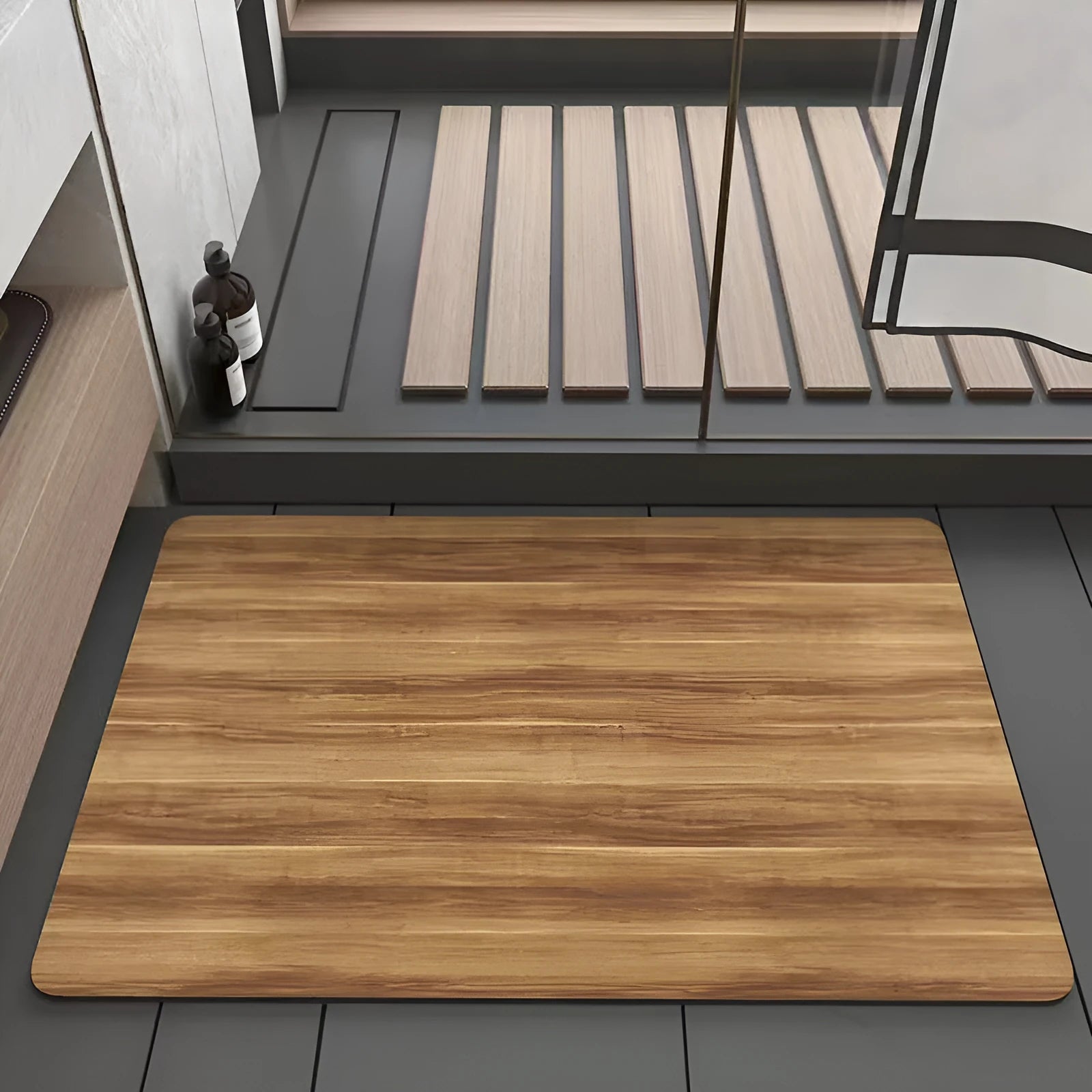 Square diatomite bathroom floor mat with wood grain pattern in a bathroom setting.