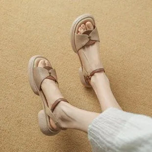 Women's khaki chunky heel platform open toe sandals with renewable leather upper