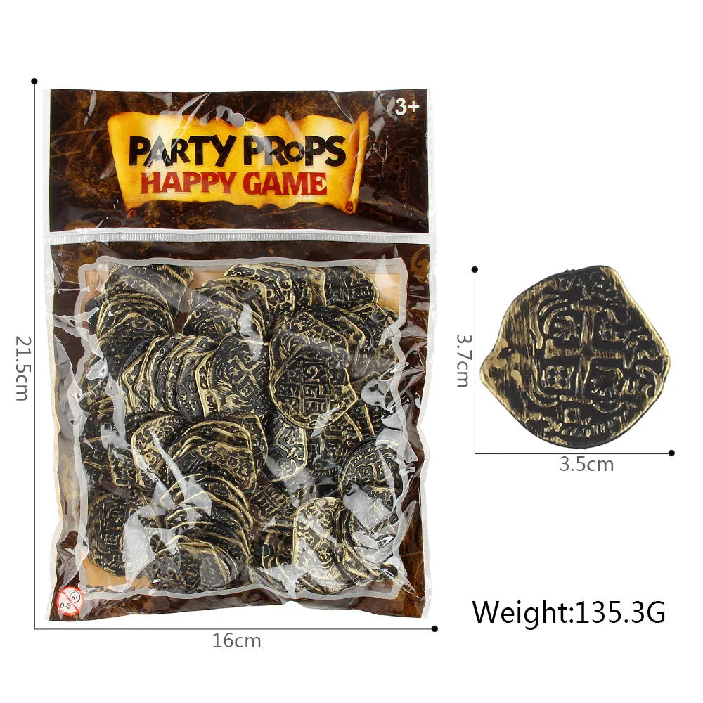 Plastic Roman coins bulk pack showing gold, silver, and bronze antique finishes.