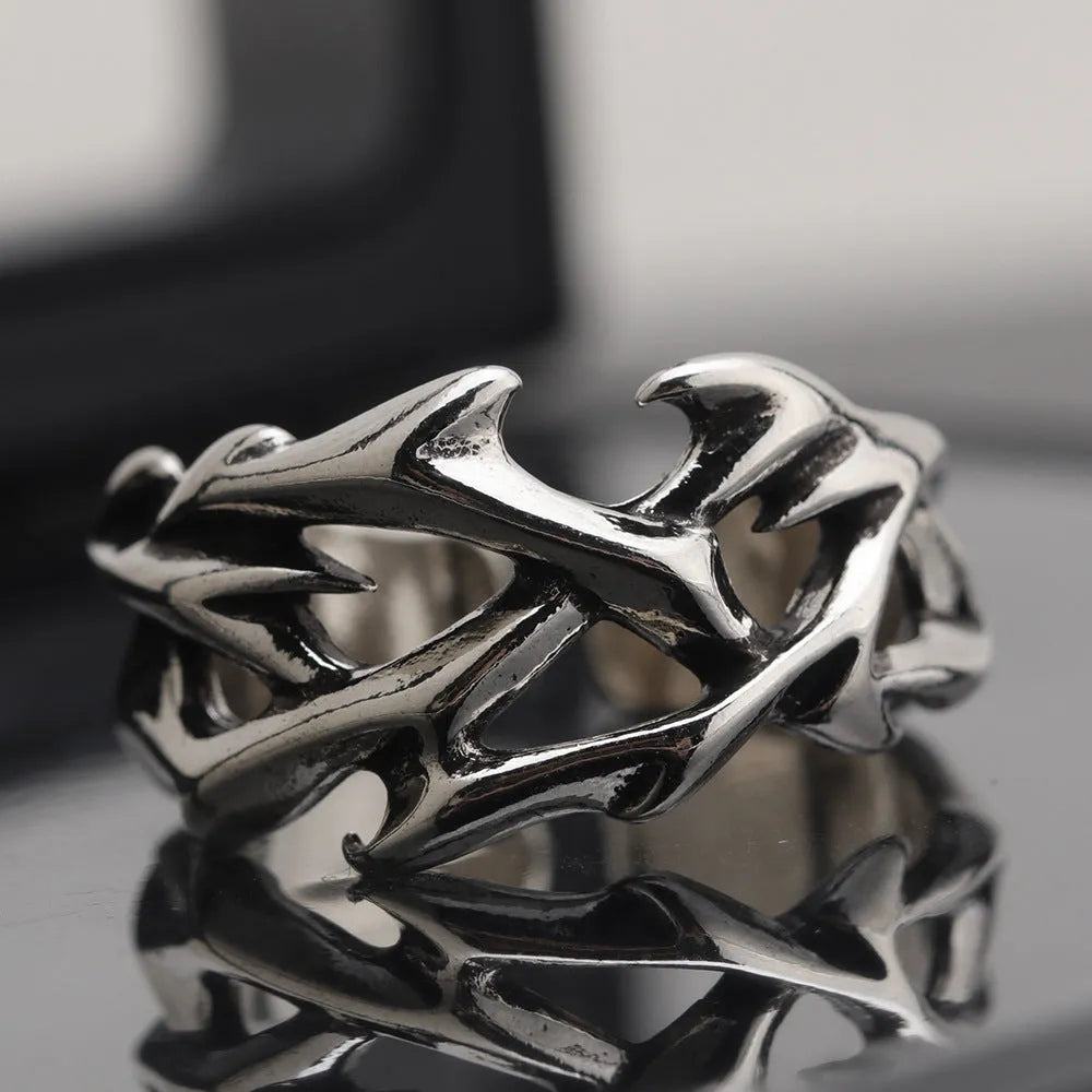 Copper thorn ring with geometric flower design and adjustable opening