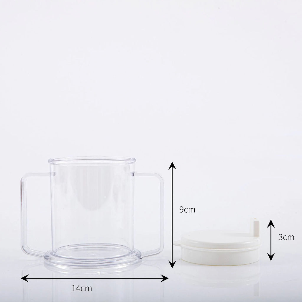 Transparent plastic spill-proof drinking cup showing 14cm height and 12cm brim.