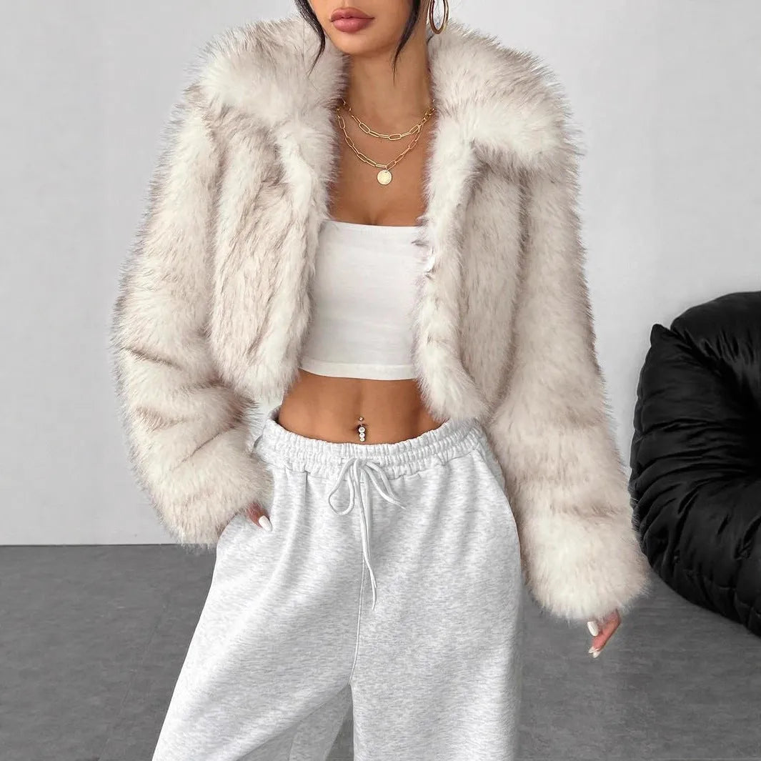 Womens faux fur coat short length long sleeve fur collar cute style warm winter jacket