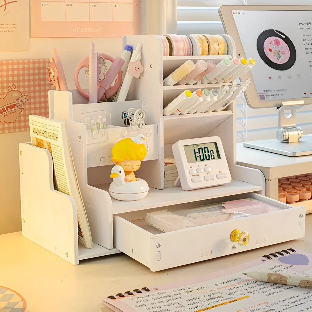 Oblique plastic pen holder storage box with 10 grid compartments and bookshelf on desk