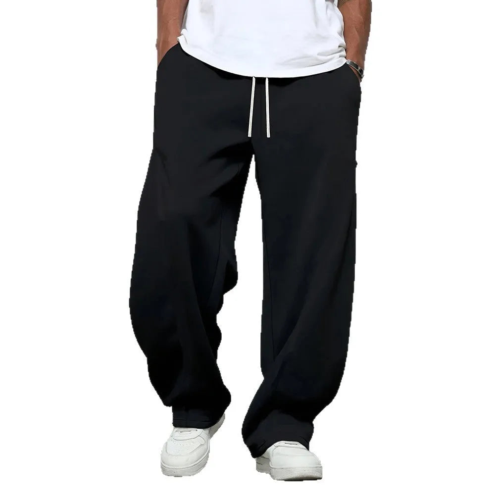 Men's straight leg casual trousers in polyester with drawstring waist in black, dark grey and light grey colours