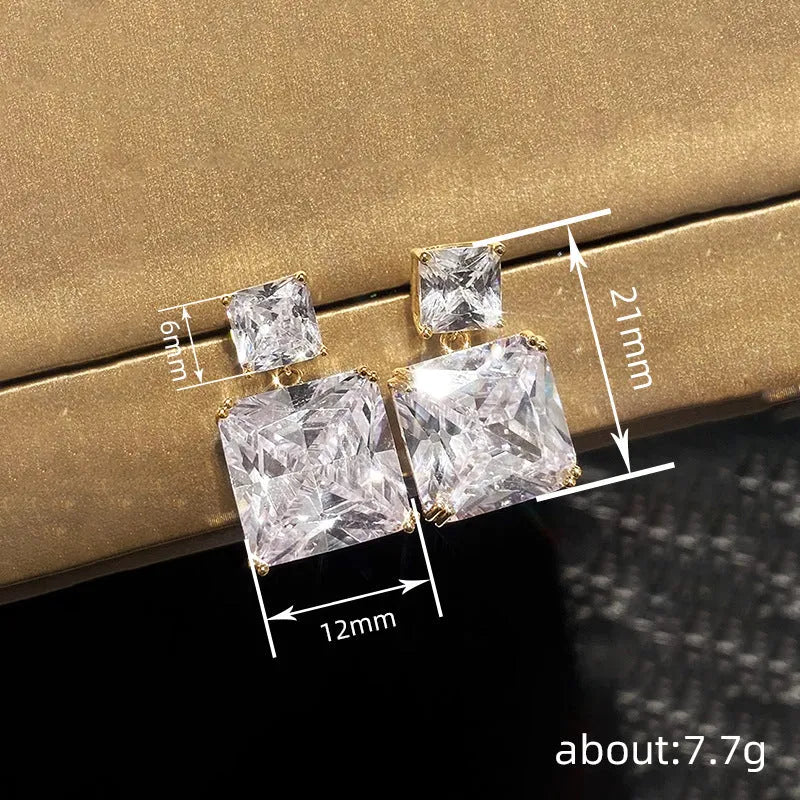 Geometric square copper earrings with quadrilateral ornament in white gold or gold colour finish