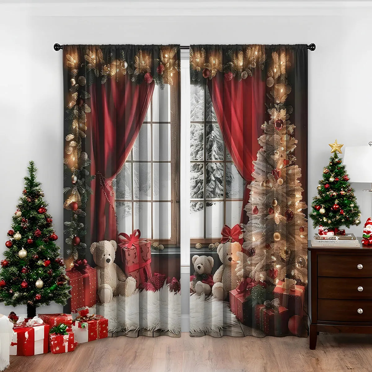 Pair of 3D digitally printed Christmas curtains showing festive pattern with high sunshade functionality