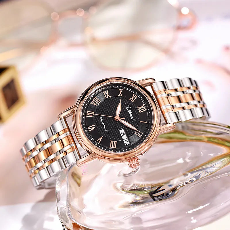 Women's automatic mechanical watch with 12mm thickness showing multiple strap and colour options