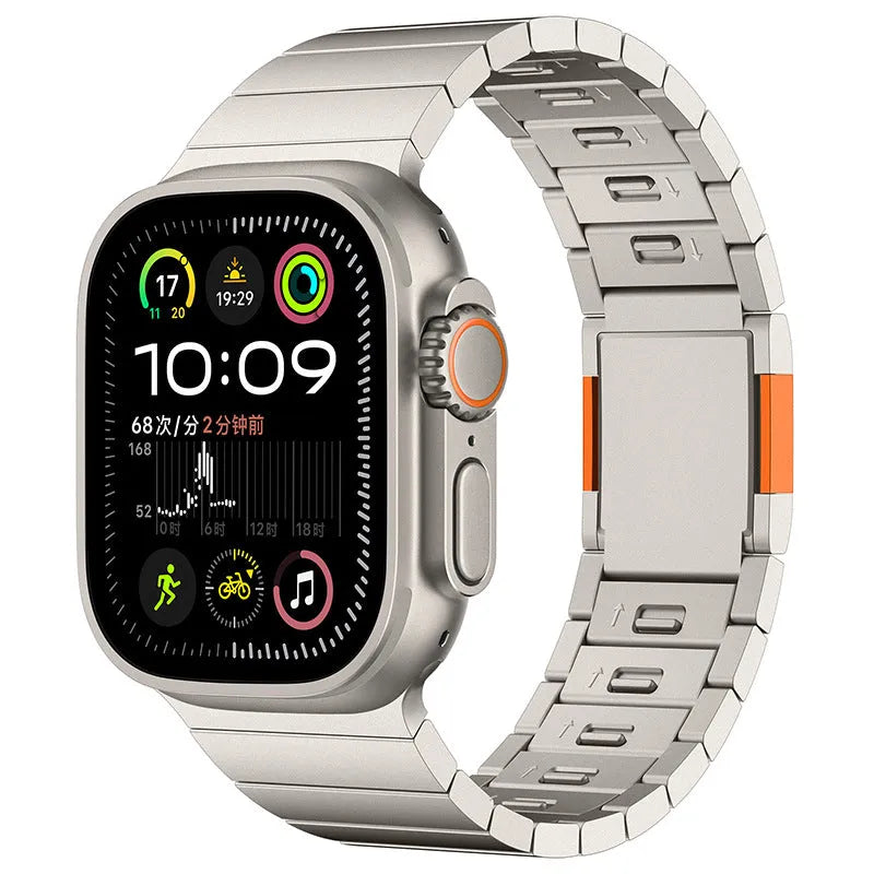 Magnetic buckle stainless steel Apple Watch strap in silver colour on 44mm watch case