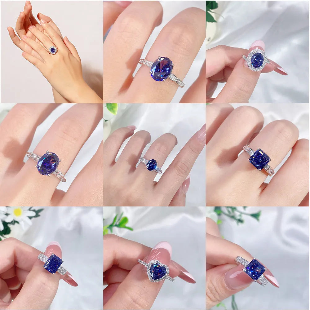 Women's heart-shaped sterling silver ring with an ice flower cut zircon stone in a Tanzanite colour.