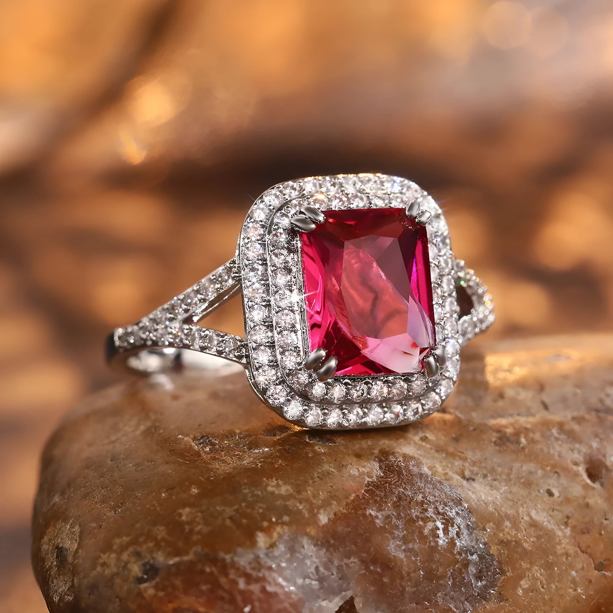 Copper square geometric women's ring with red rhinestone stone