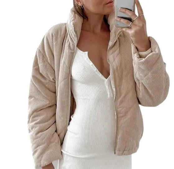 Women's apricot corduroy wadded jacket with stand collar and long sleeves