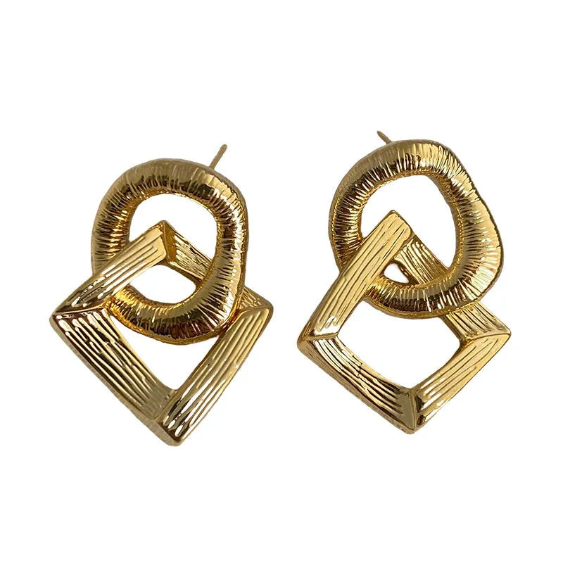 Copper retro circle pendant earrings with 3.4cm height geometric design in gold or silver electroplated finish