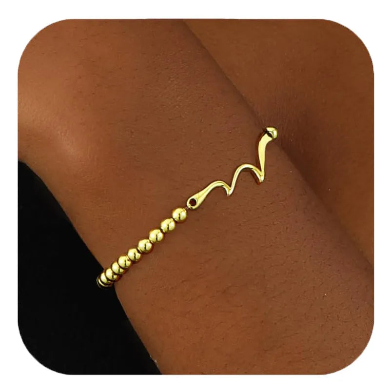 Adjustable stainless steel beaded bracelet with geometric round beads and sliding clasp