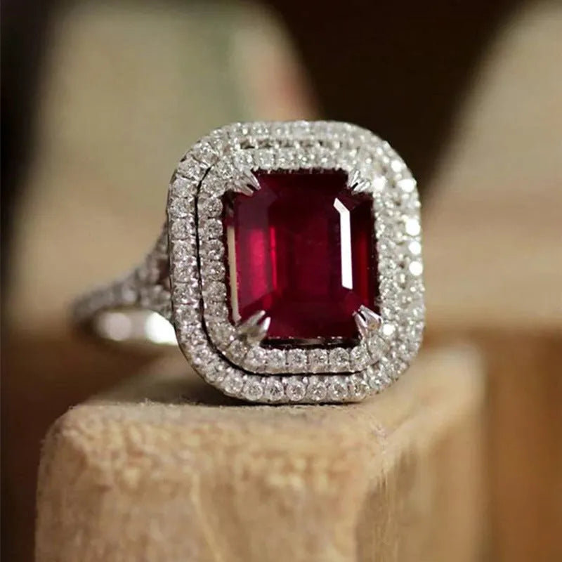 Copper square geometric women's ring with red rhinestone stone