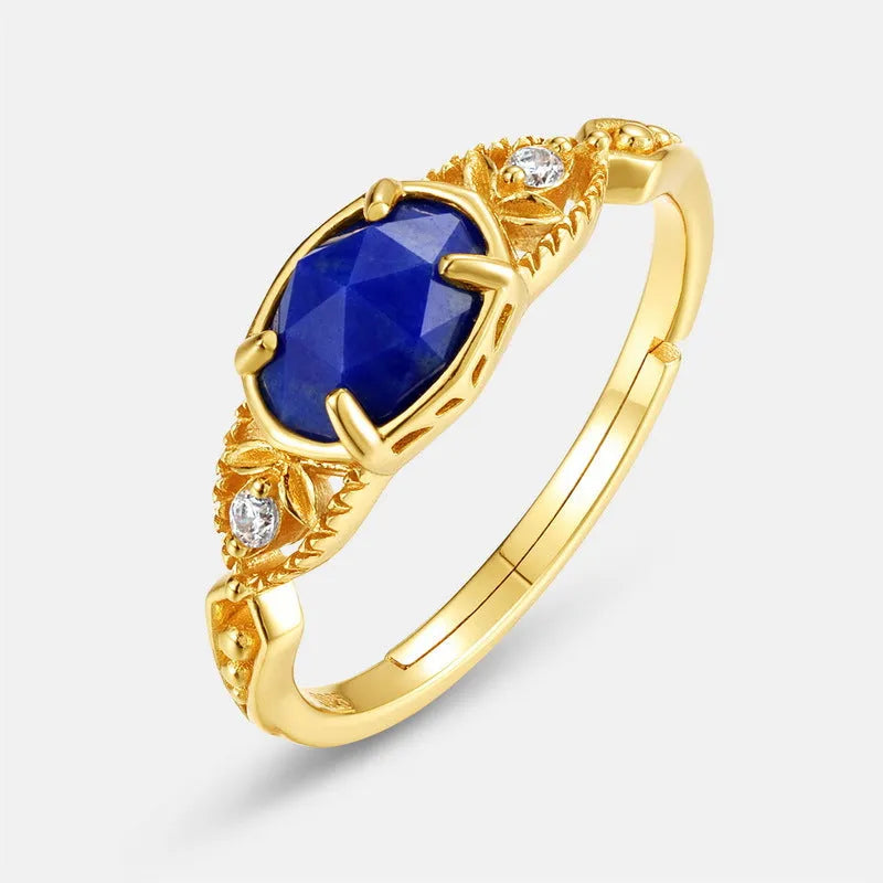 Japanese style geometric silver ring with blue lapis lazuli stone in ellipse shape
