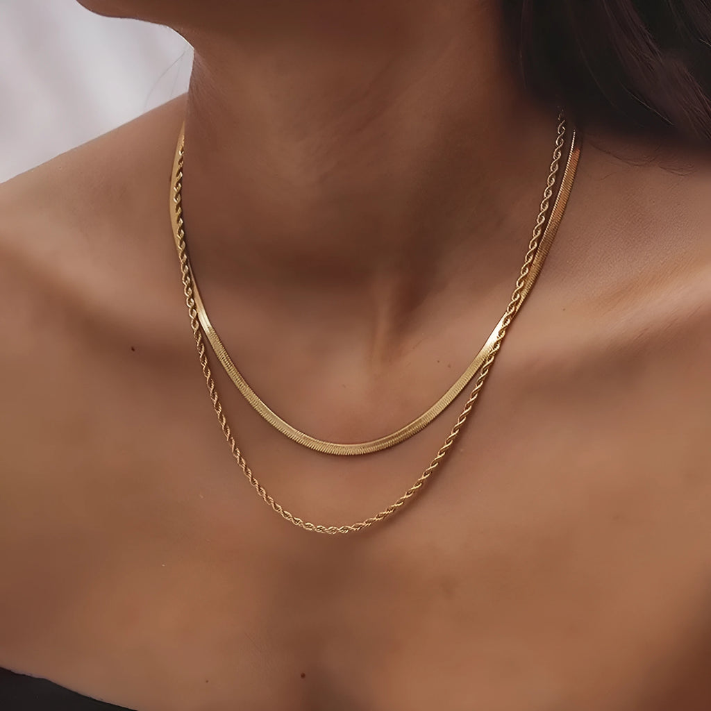Women's retro geometric double-layer twist necklace with titanium steel pendant on adjustable snake bone chain