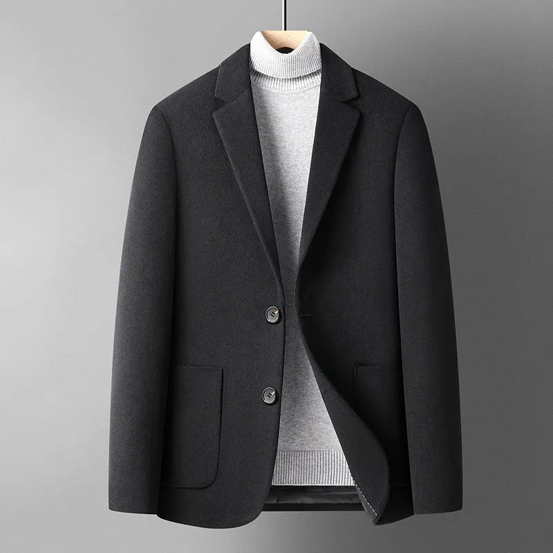 Men's slim fit wool suit jacket in grey, shown on a model, suitable for autumn casual wear.