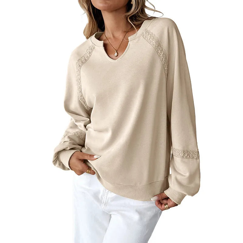 Women's half-open collar sweater with stitching lace detail in solid colour cotton polyester blend