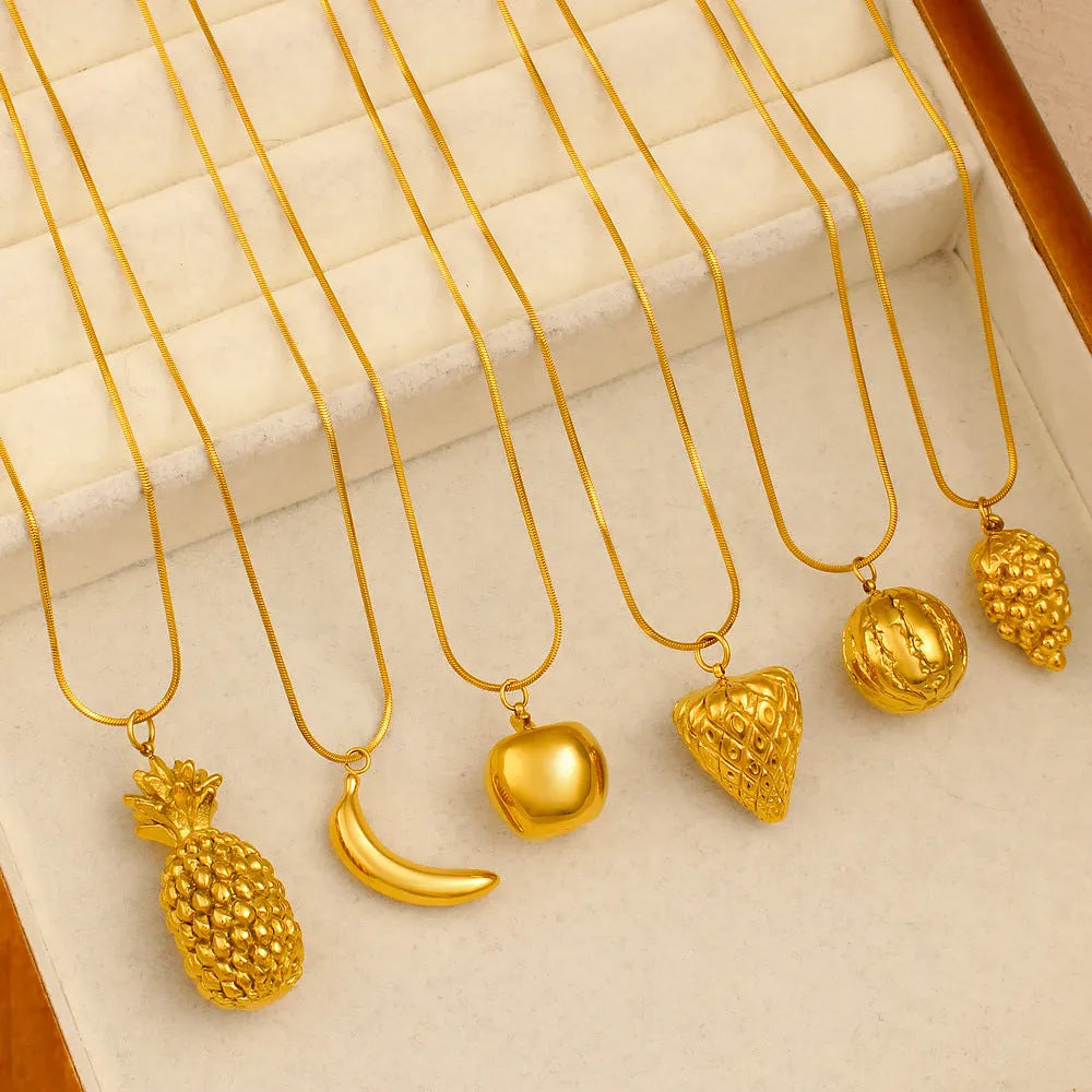 Women's stainless steel fruit pendant necklace with six colourful fruit designs on regular chain