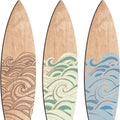 Three wooden surfboard wall decorations made from boxwood, arranged in a row, European style, each 8.5x30cm