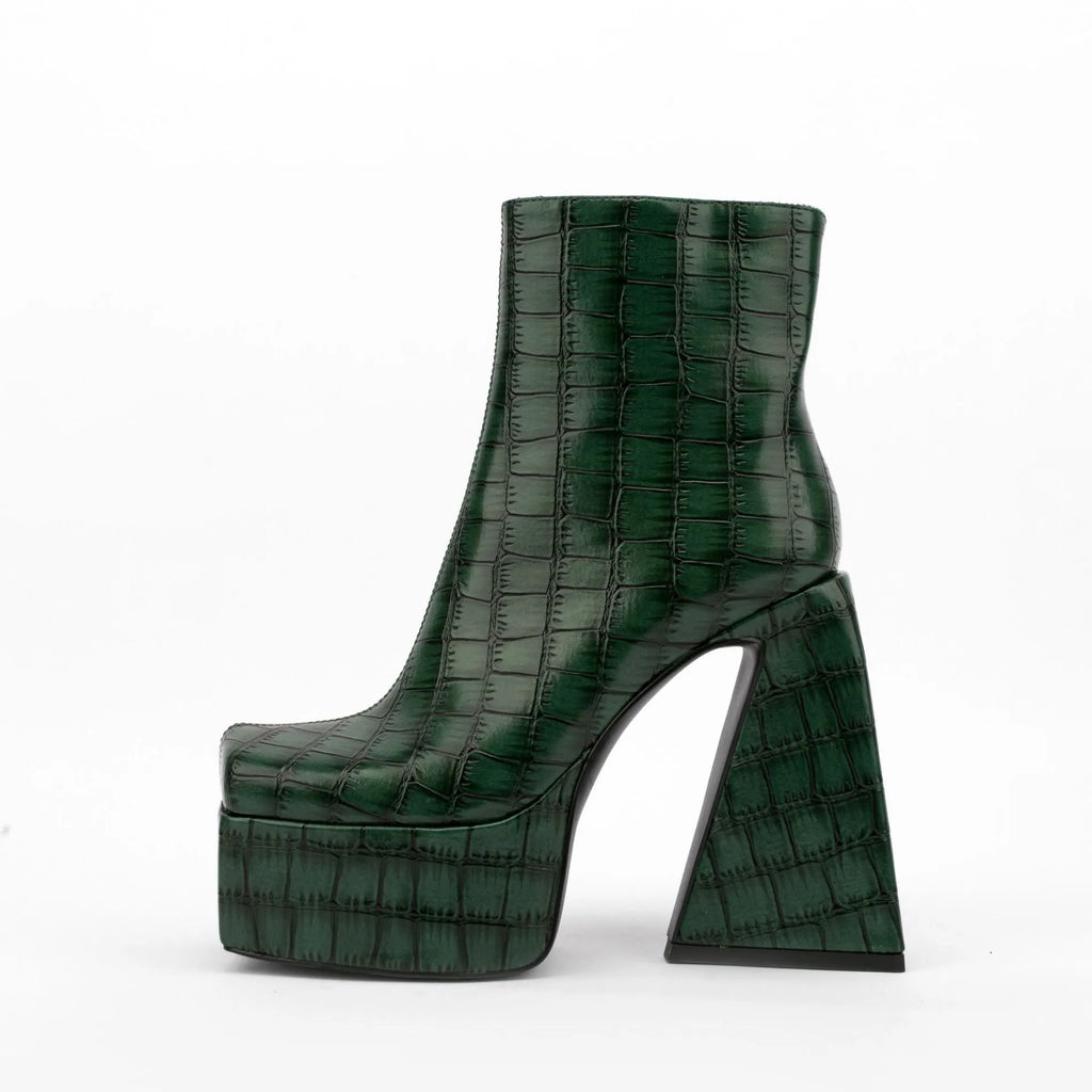 Women's high heel ankle boots in red, green, black, beige, and brown colours with over 8cm heels.