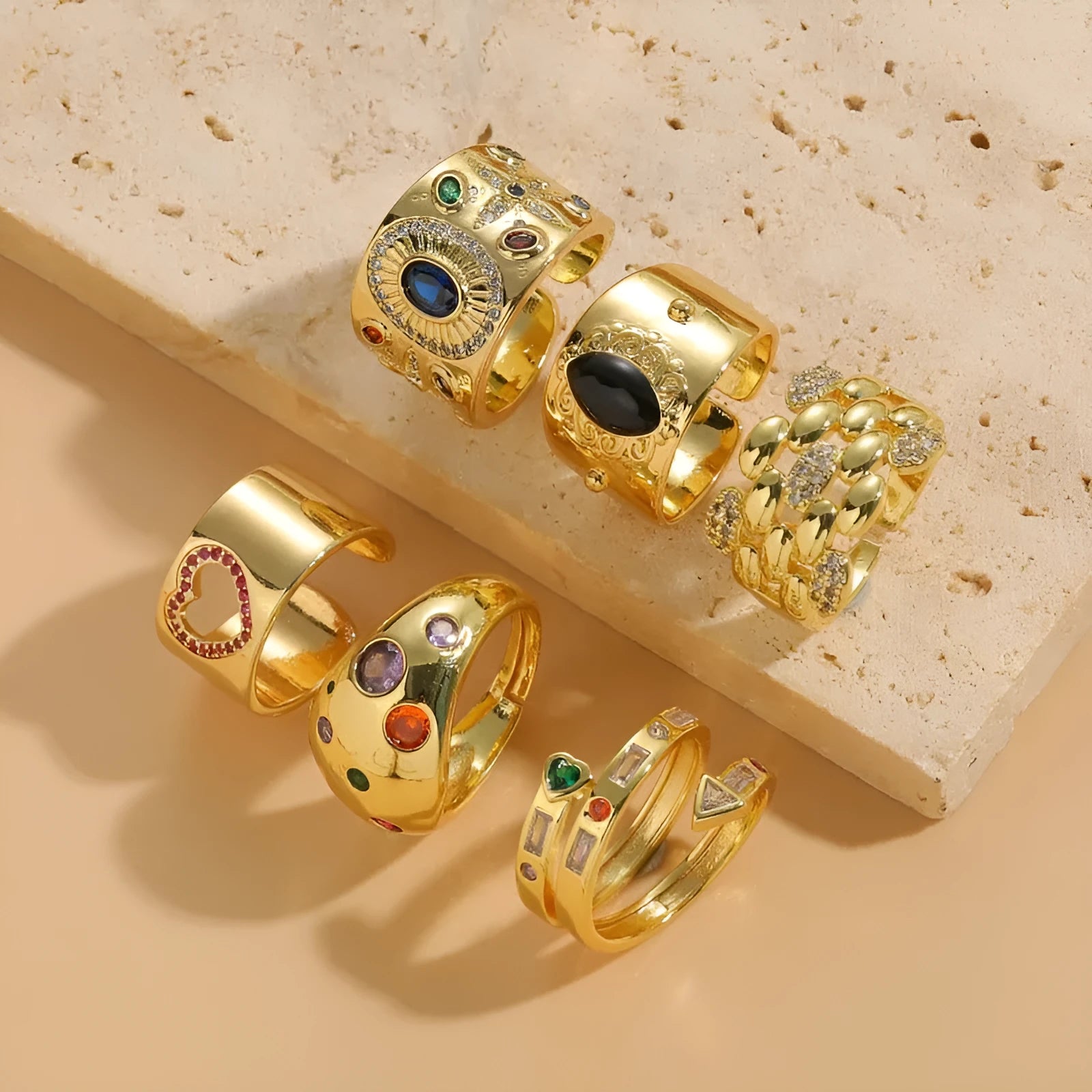 Geometric Chinese style ring with zircon stone in horse eye black colour