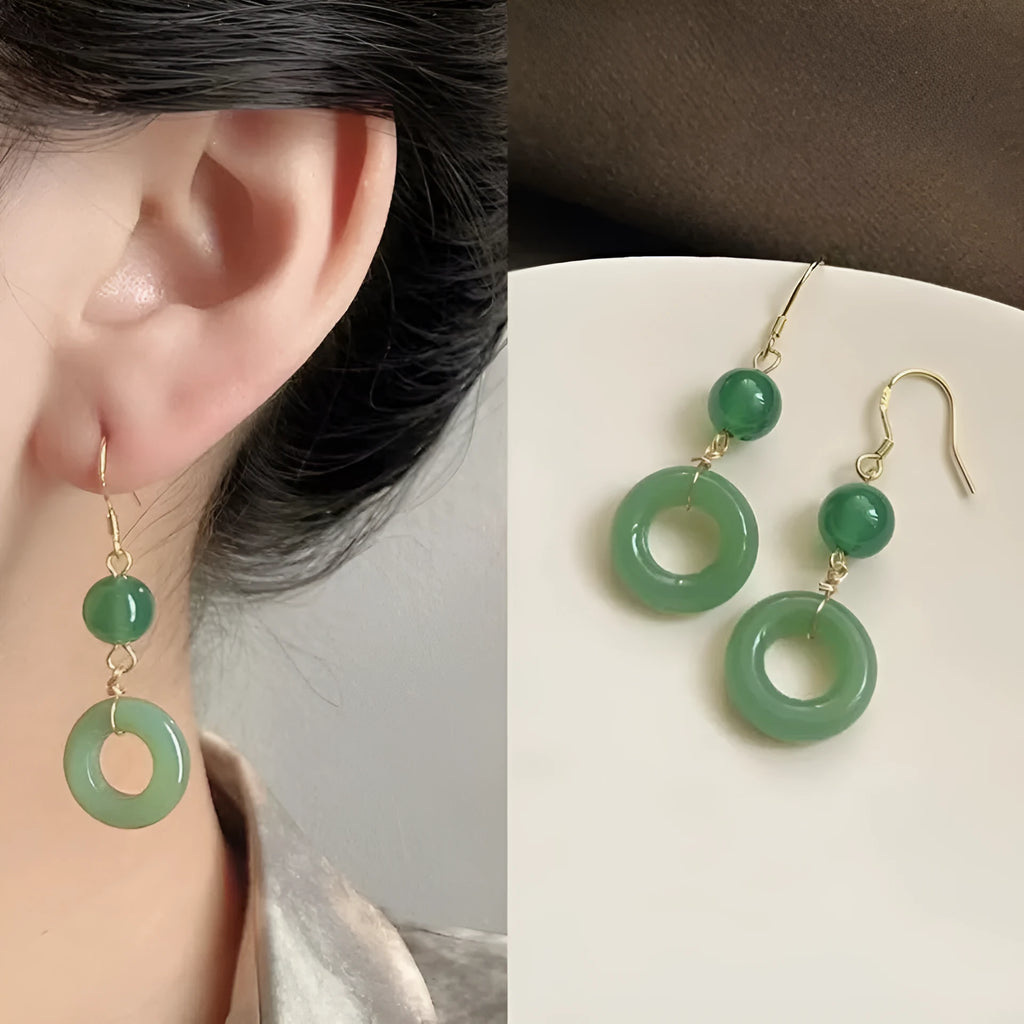 Geometric cheongsam peace buckle earrings in jade green zinc alloy