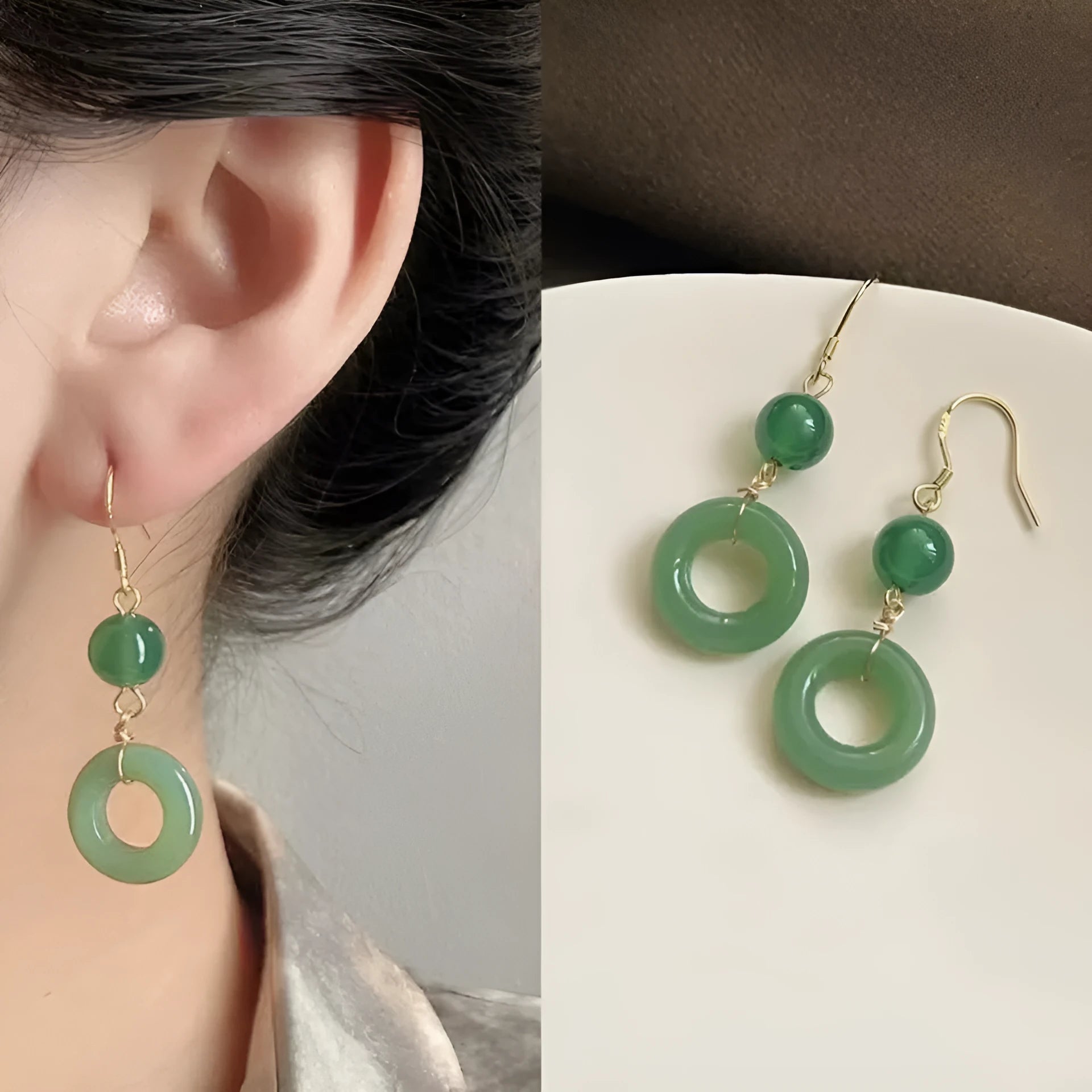Geometric cheongsam peace buckle earrings in jade green zinc alloy