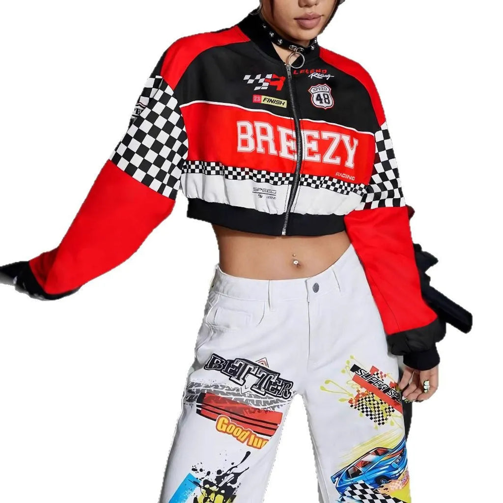 Women's loose polyester digital print zipper jacket in geometric pattern, long sleeves, front view