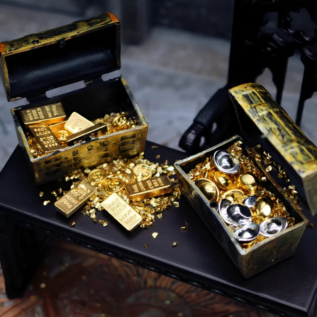 Alloy treasure box doll house miniatures with gold coins and bars for teenage visual development
