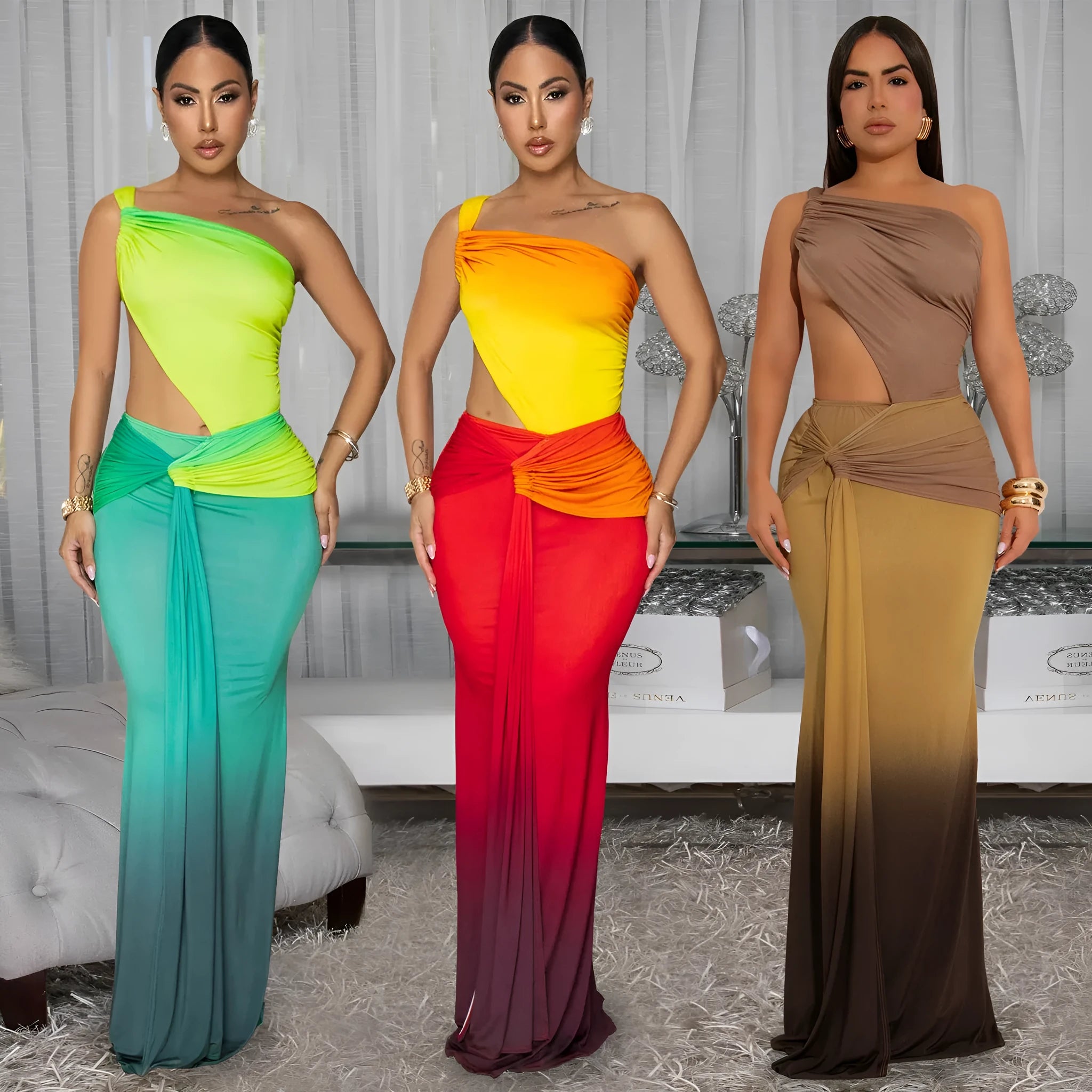 A woman wearing a long gradient colour dress with a cross-shoulder sleeveless design and a high waist.