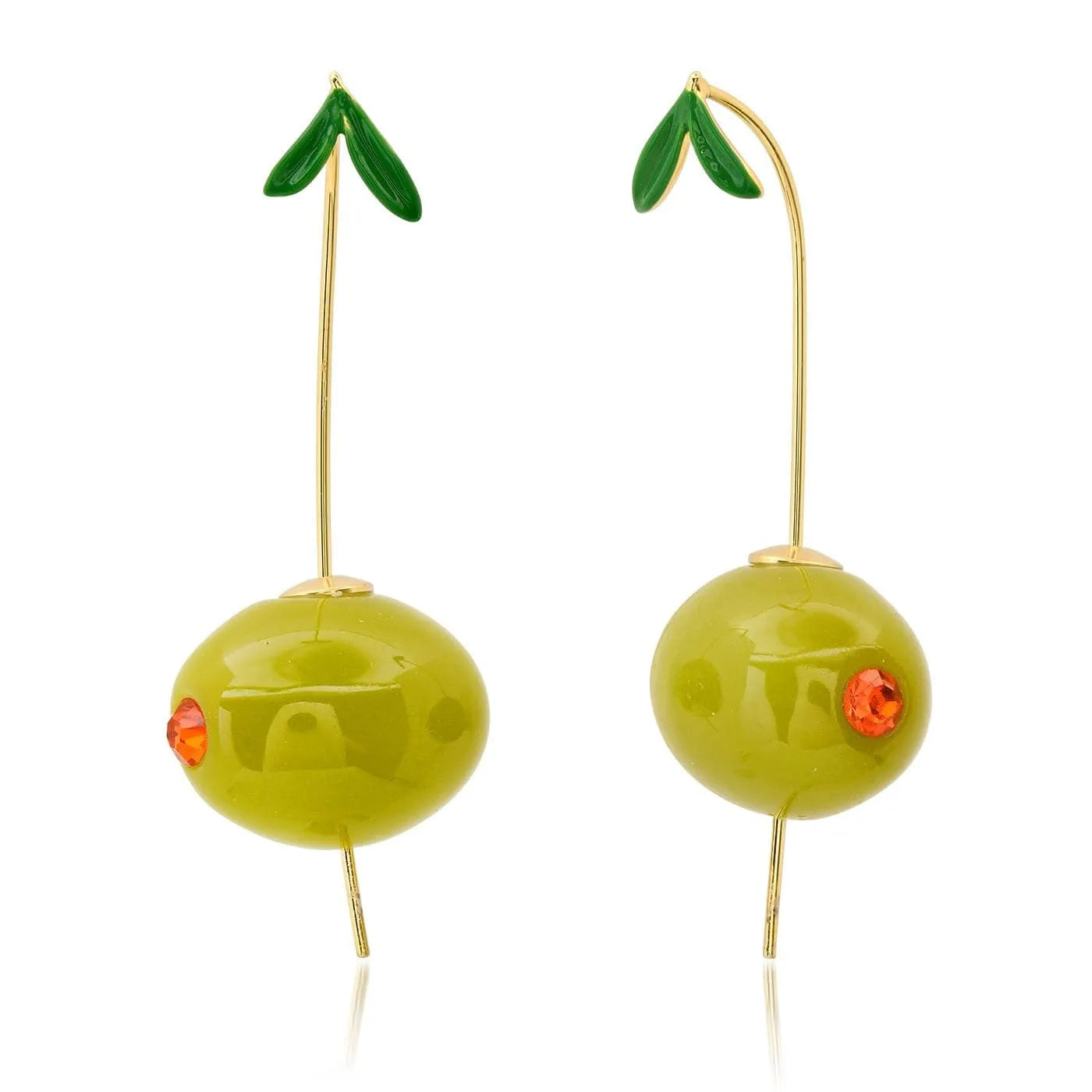 Gold plated copper earrings featuring fruit and vegetable shapes in multiple colours on display