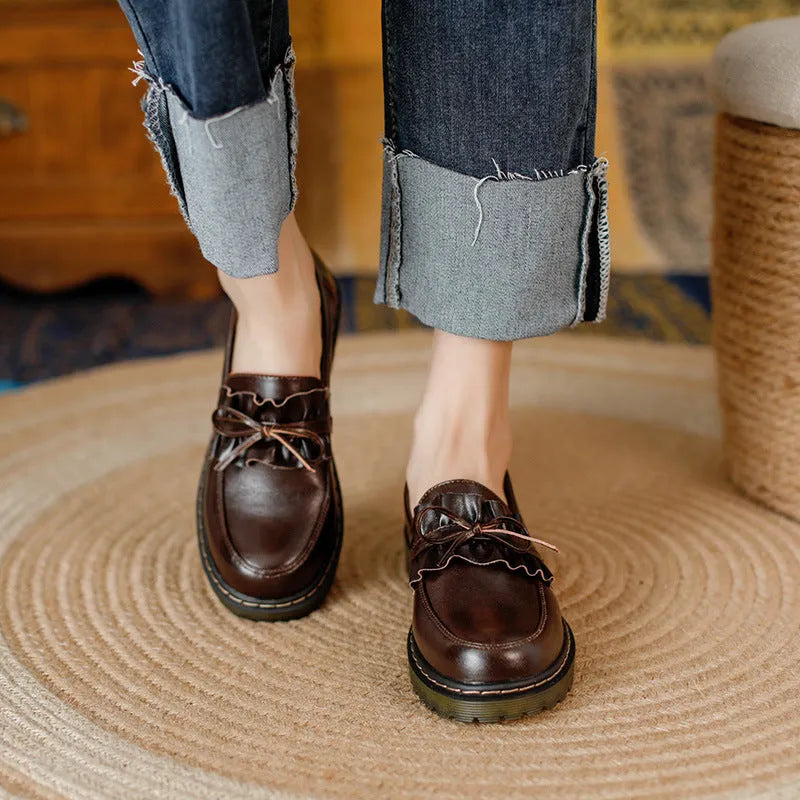 British style women's leather shoes with round toe and chunky heel in black and brown options