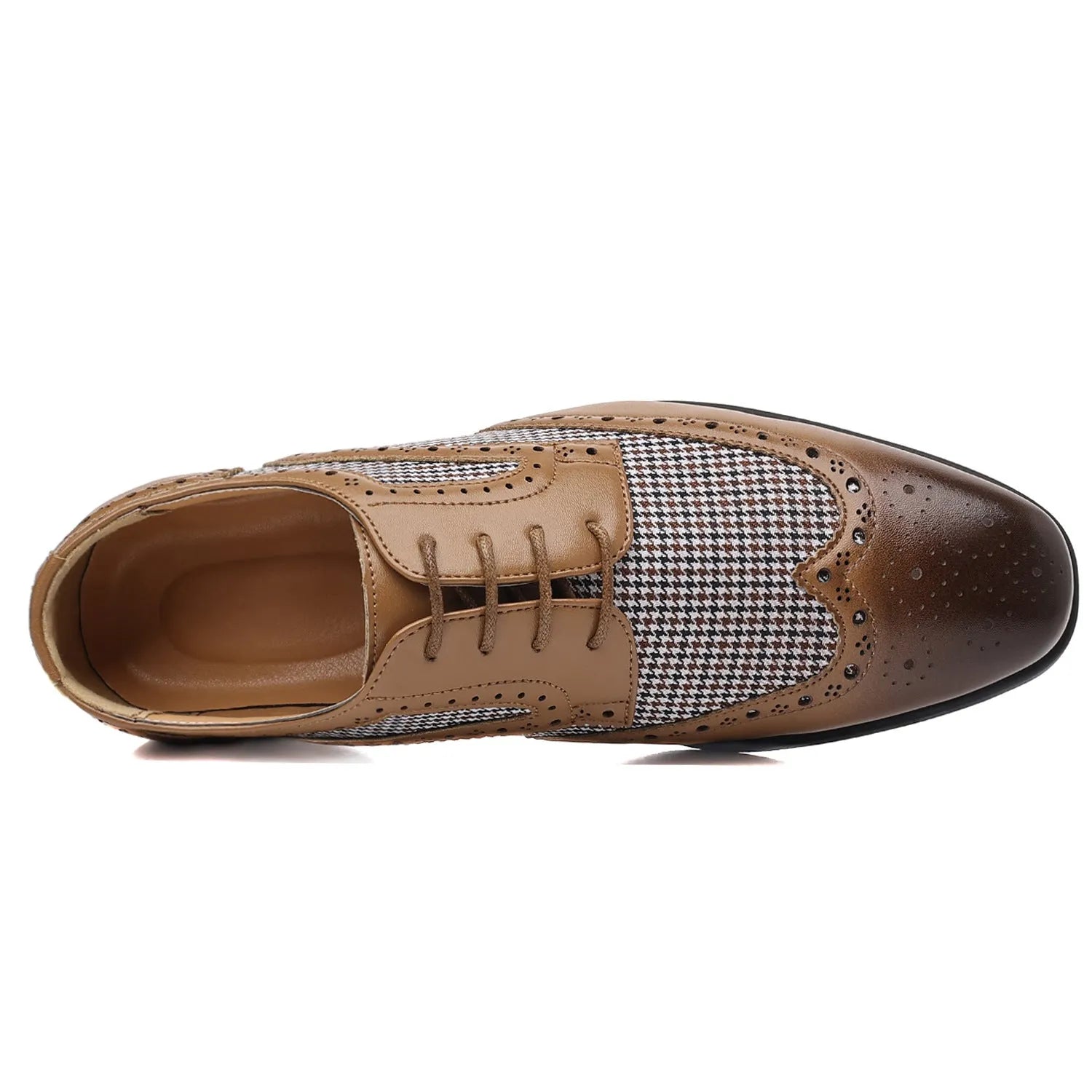 Men's houndstooth plaid casual leather shoes with square toe and lace-up front in four colour options.