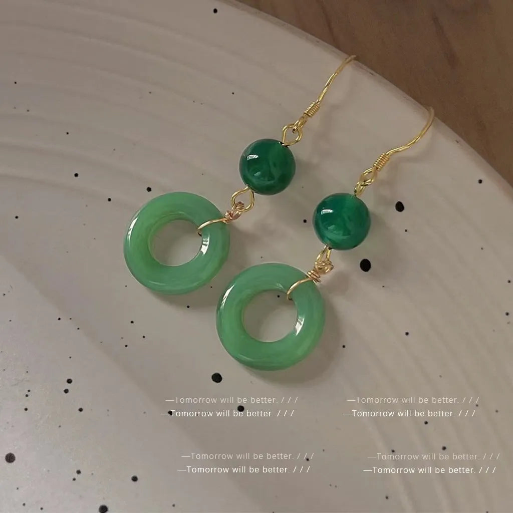 Geometric cheongsam peace buckle earrings in jade green zinc alloy