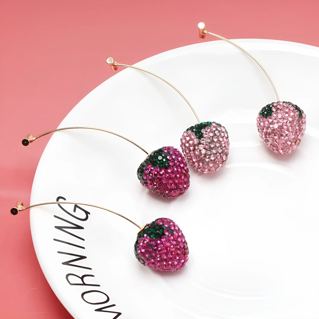 Geometric strawberry design earrings with spot drill detailing in red zinc alloy