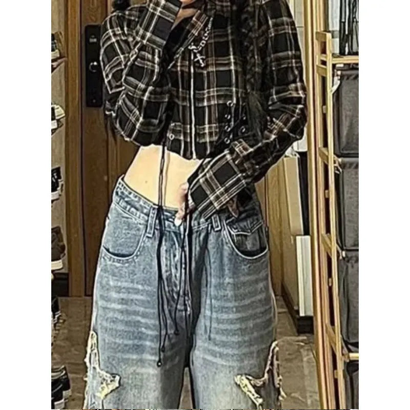 Women's washed blue straight-leg jeans with high-waist design and micro-elastic cotton denim